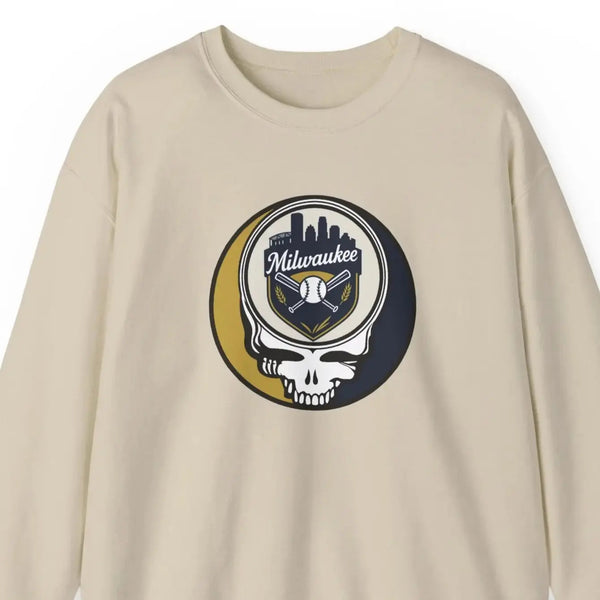 Sand crewneck sweatshirt with circular Milwaukee skull logo graphic