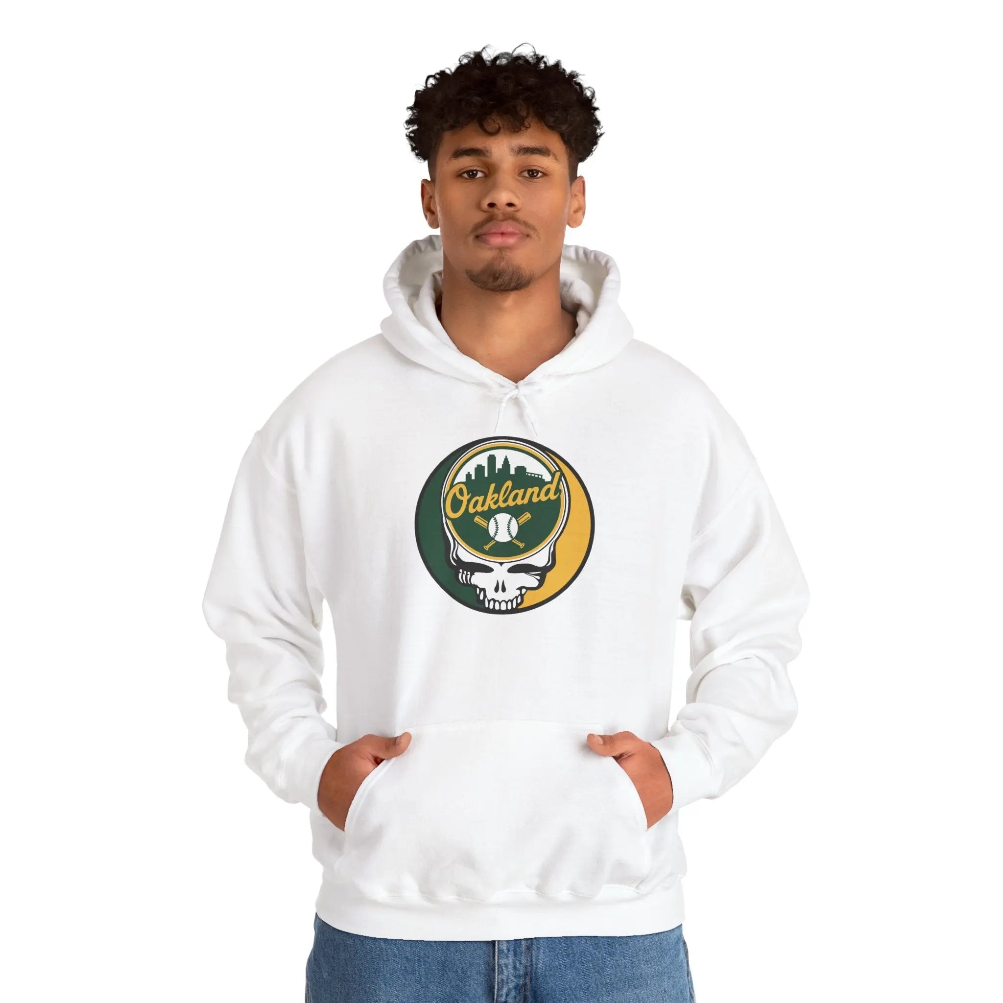 White pullover hoodie with hood and front pouch pocket, Oakland logo skull graphic.