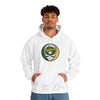 White pullover hoodie with hood and front pouch pocket, Oakland logo skull graphic.