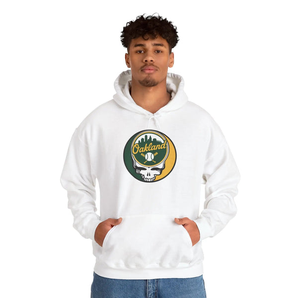 White pullover hoodie with hood and front pouch pocket, Oakland logo skull graphic.