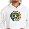 White hoodie with front pouch pocket and Oakland logo skull baseball graphic.