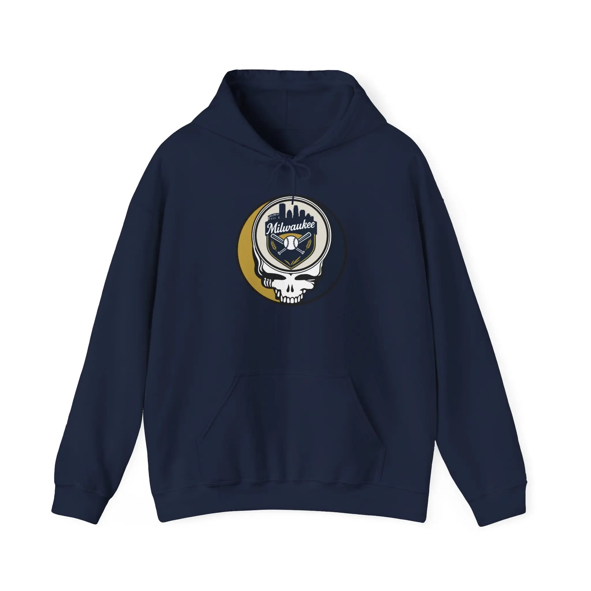 Navy hoodie with Milwaukee Brewers Stealie graphic and front kangaroo pocket