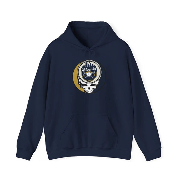 Navy hoodie with Milwaukee Brewers Stealie graphic and front kangaroo pocket