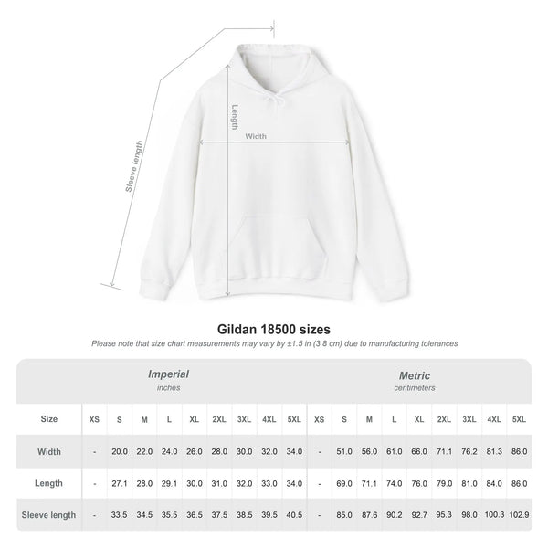 Hoodie size chart with measurements in inches and centimeters