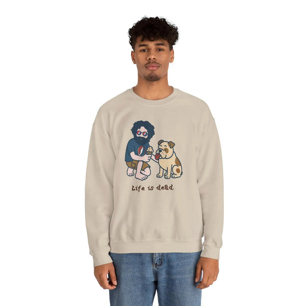 Sand crewneck sweatshirt with front cartoon graphic; worn by a male model