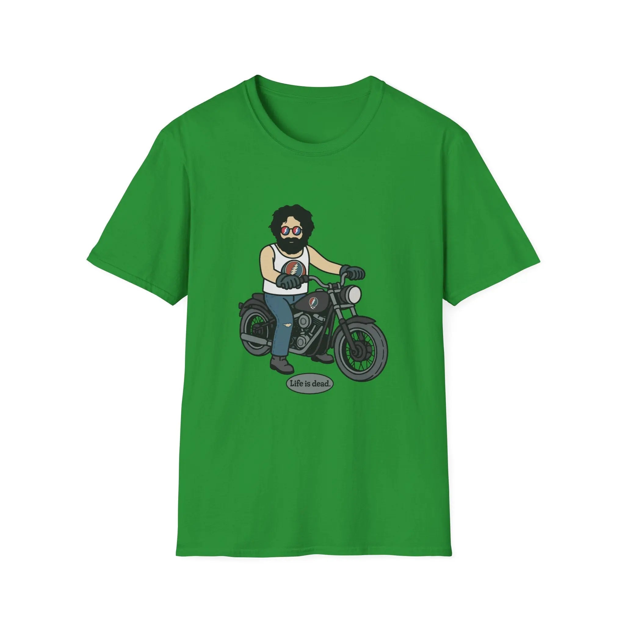 Green crew-neck T-shirt with centered bearded biker on motorcycle graphic