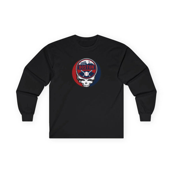 Black long-sleeve T-shirt with centered circular Boston logo graphic