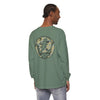 Green long-sleeve T-shirt with large camo skull graphic on the back