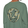Green long-sleeve T-shirt with large camo skull graphic on the back neck-to-shoulder
