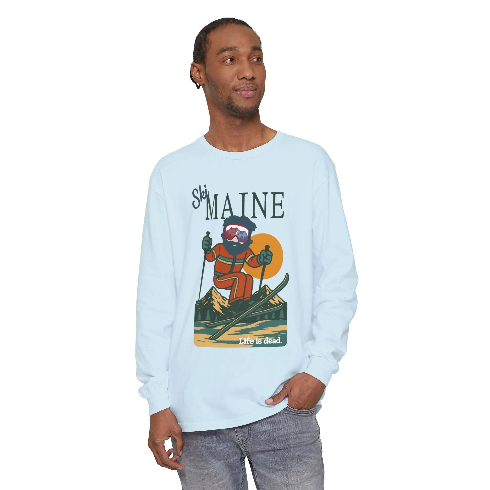 Light blue long-sleeve T-shirt with Ski Maine graphic front
