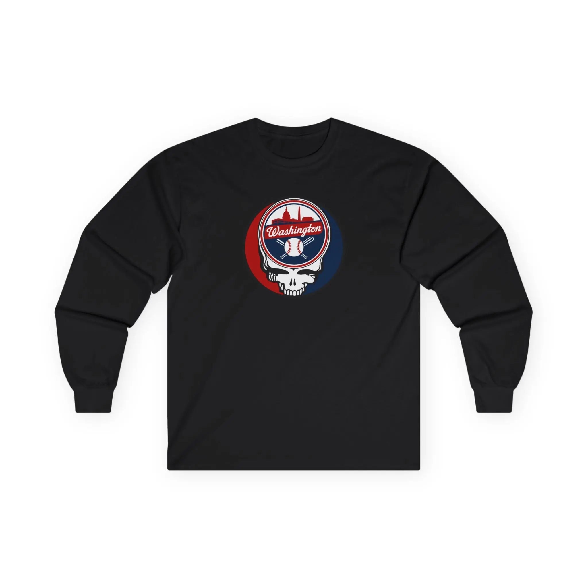 Black long-sleeve T-shirt with circular Washington logo and skull graphic