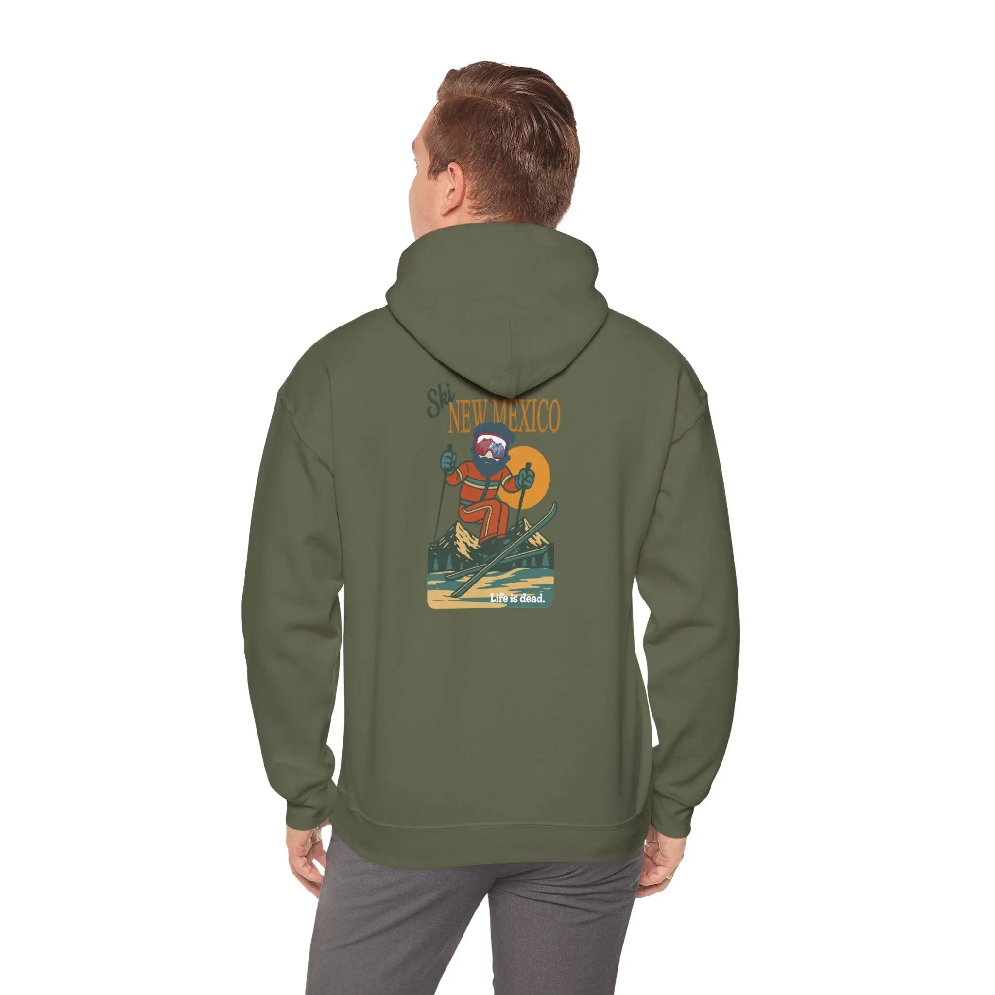 Military green ski-themed hoodie with back graphic; hood and long sleeves
