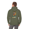 Military green ski-themed hoodie with back graphic; hood and long sleeves