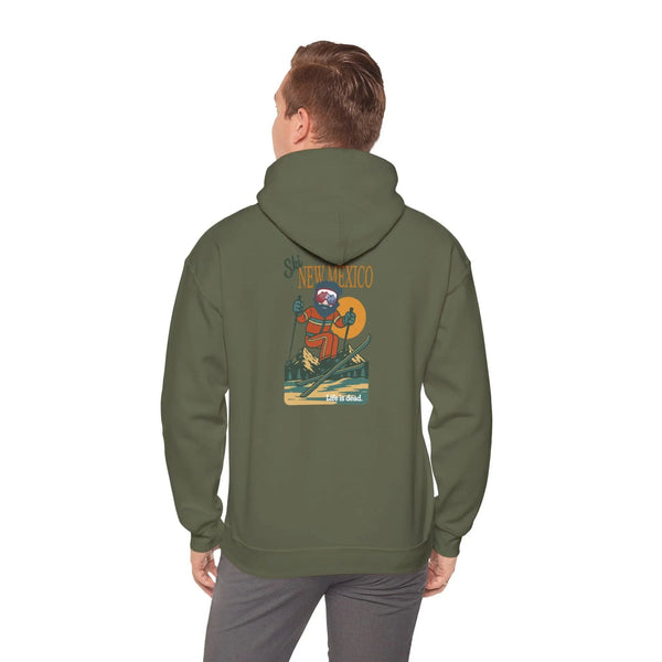 Military green ski-themed hoodie with back graphic; hood and long sleeves