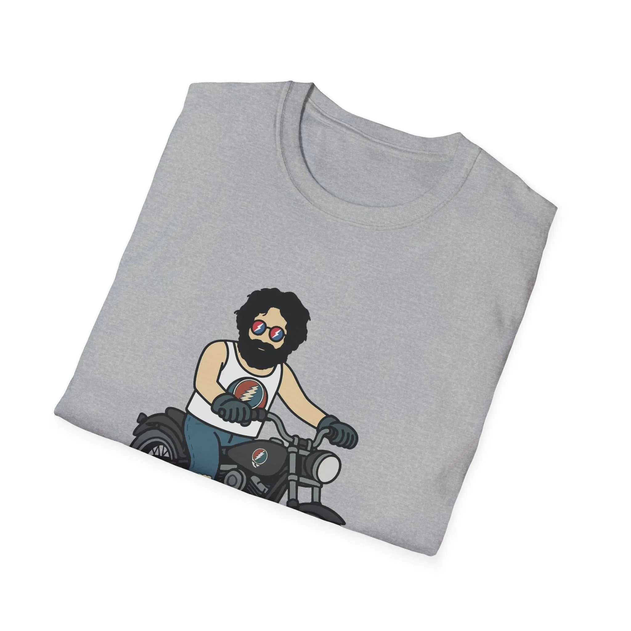 Gray crew-neck T-shirt with centered bearded biker on motorcycle graphic