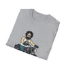 Gray crew-neck T-shirt with centered bearded biker on motorcycle graphic