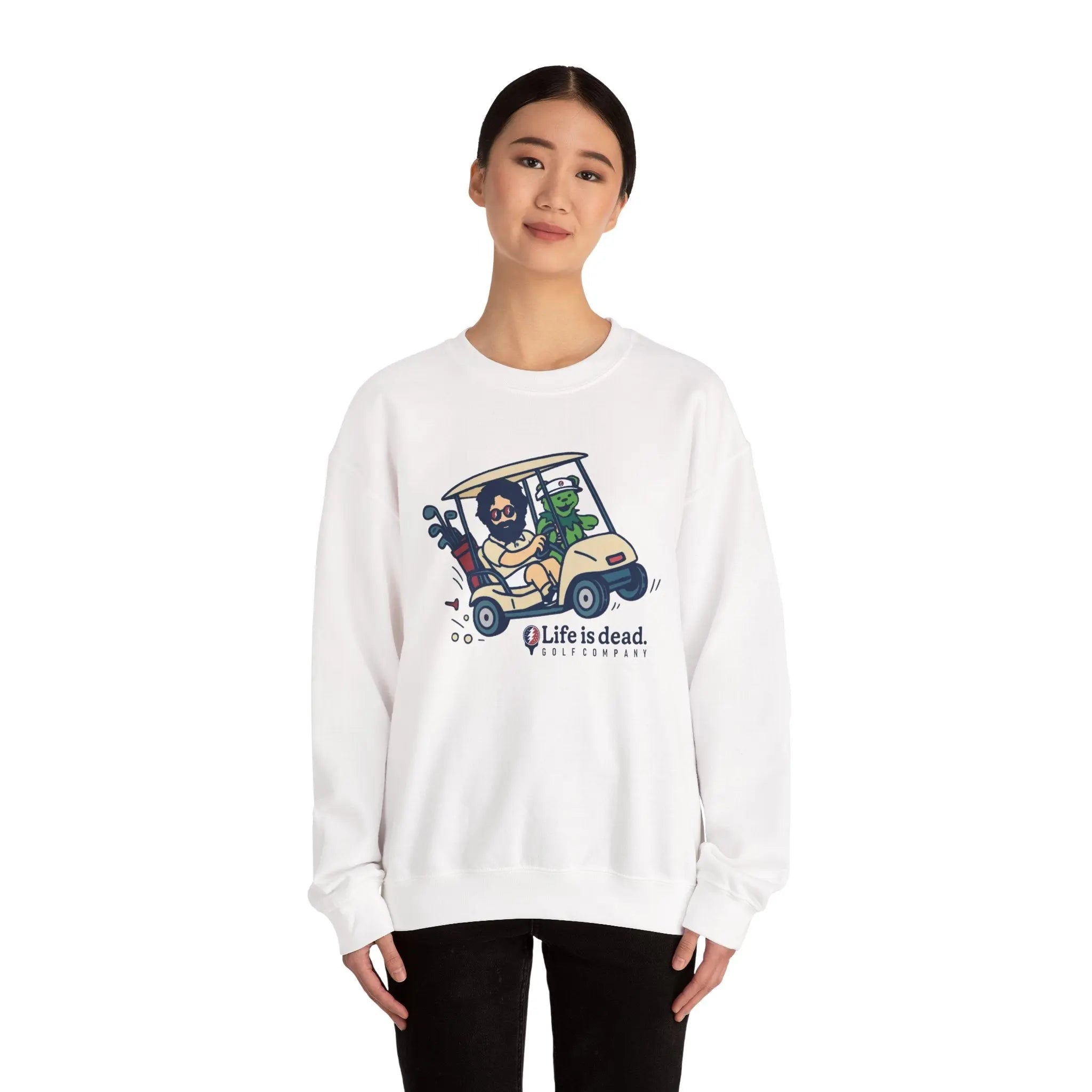 White crewneck sweatshirt with front graphic print, long sleeves