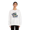 White crewneck sweatshirt with front graphic print, long sleeves