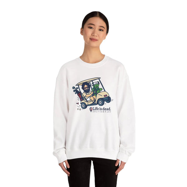 White crewneck sweatshirt with front graphic print, long sleeves
