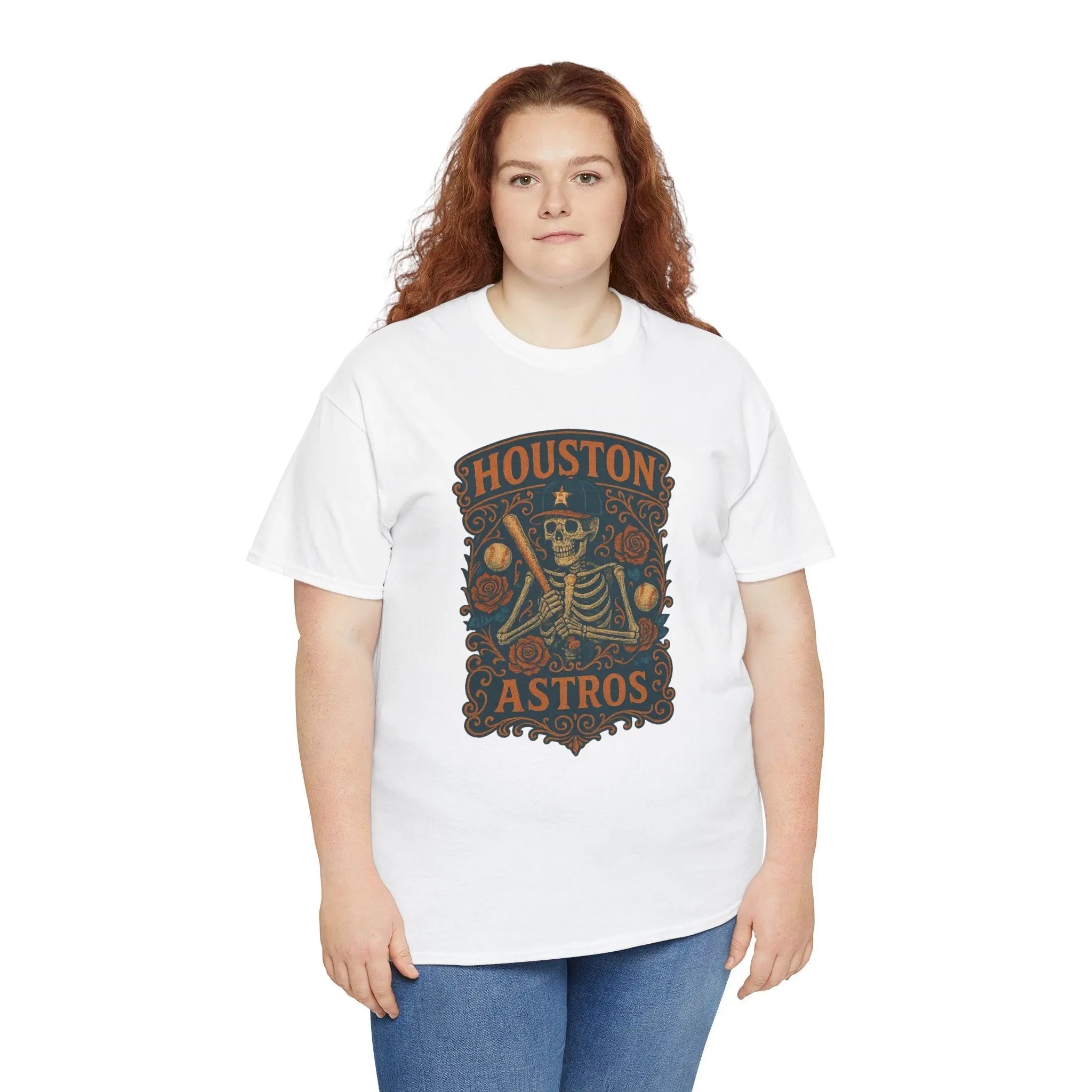 White Houston Astros graphic T-shirt with crew neck and front crest print
