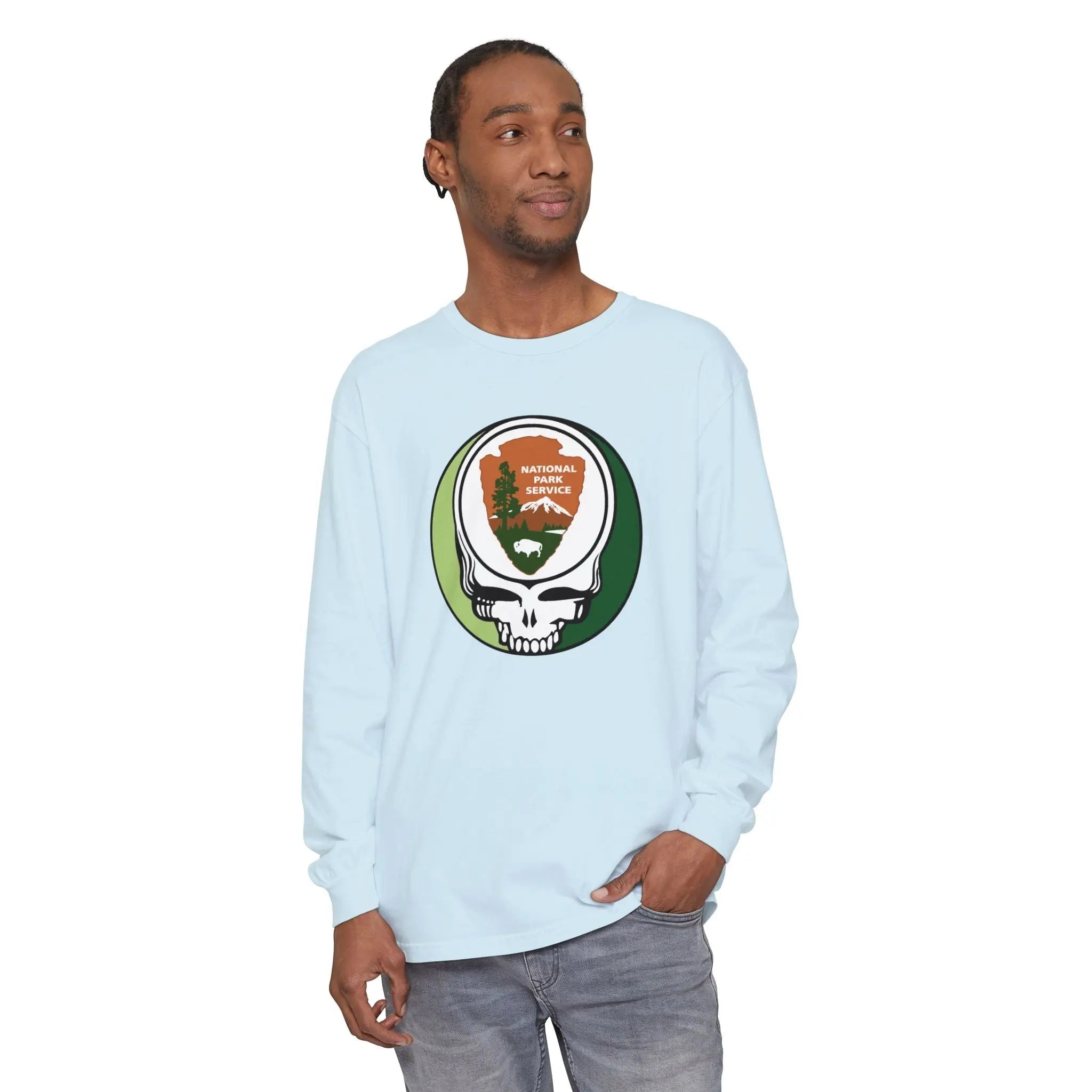 Light blue long-sleeve t-shirt with National Park Service skull logo on chest
