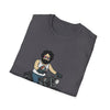 Charcoal crew-neck T-shirt with centered bearded biker on motorcycle graphic