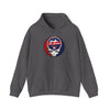 Charcoal gray hoodie with hood and front pocket, featuring a circular sports team logo on chest