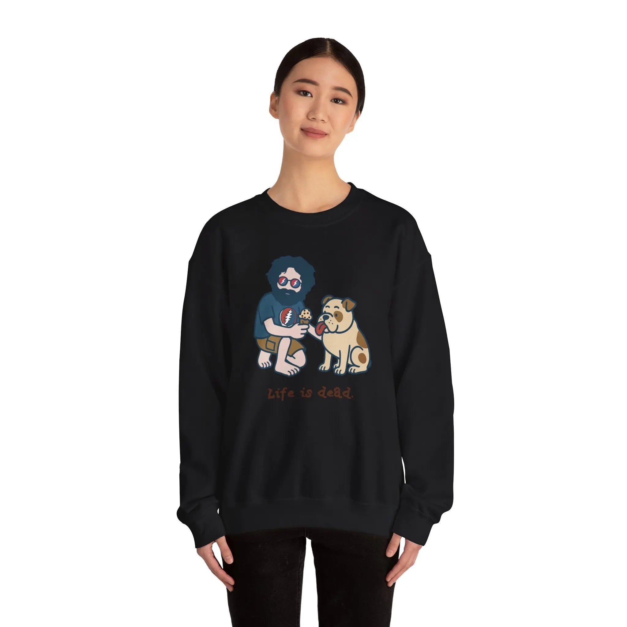 Black crewneck sweatshirt with cartoon front graphic, worn