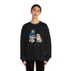 Black crewneck sweatshirt with cartoon front graphic, worn