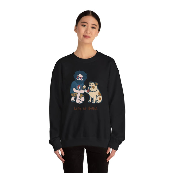 Black crewneck sweatshirt with cartoon front graphic, worn