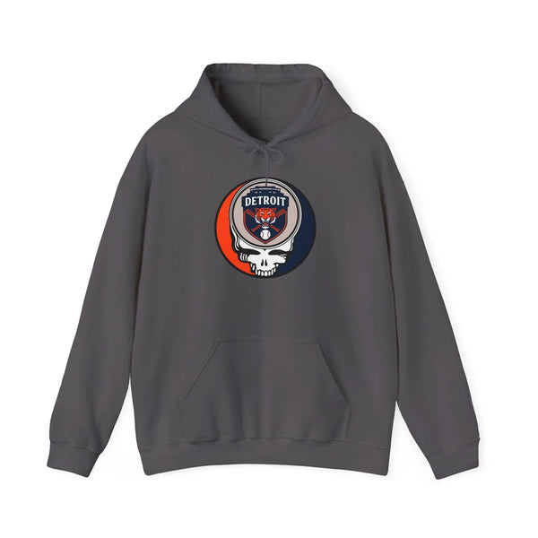 Charcoal pullover hoodie with front Detroit logo patch and kangaroo pocket