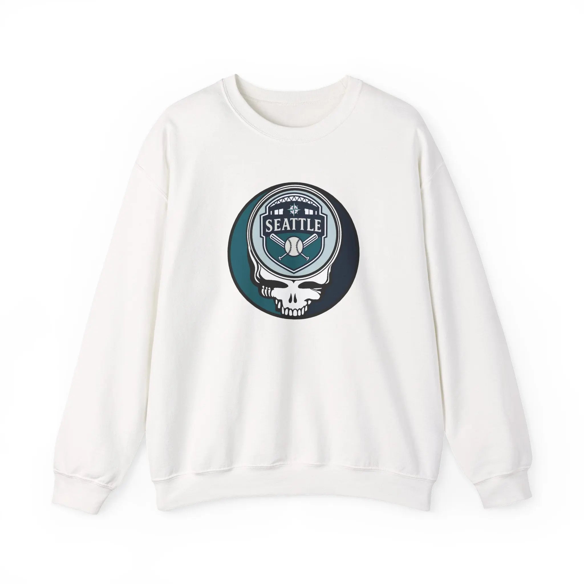White crewneck sweatshirt with Seattle Mariners crest skull graphic at chest