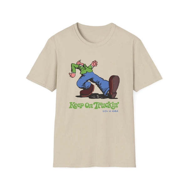 Sand graphic T-shirt with cartoon rider and "Keep On Truckin'" text on front