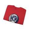 Red crewneck sweatshirt, angled view, with round New York skull Stealie graphic