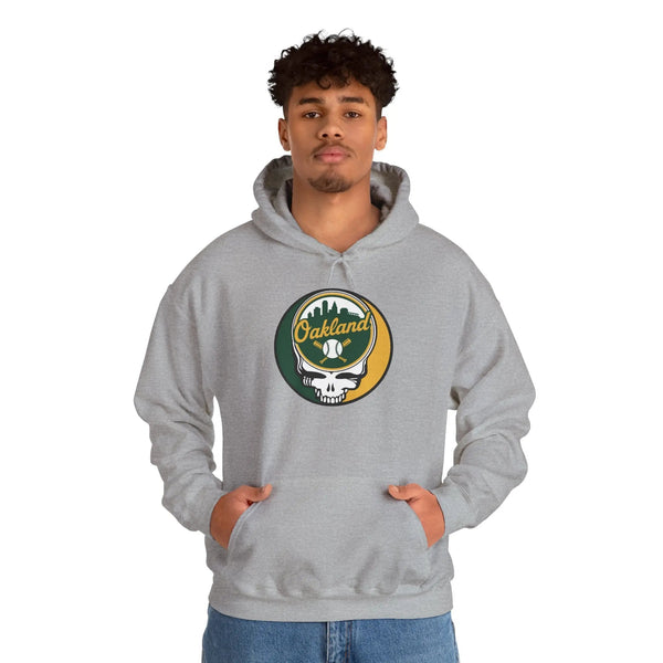 Light gray hoodie with hood and front pouch pocket, Oakland logo skull baseball graphic.