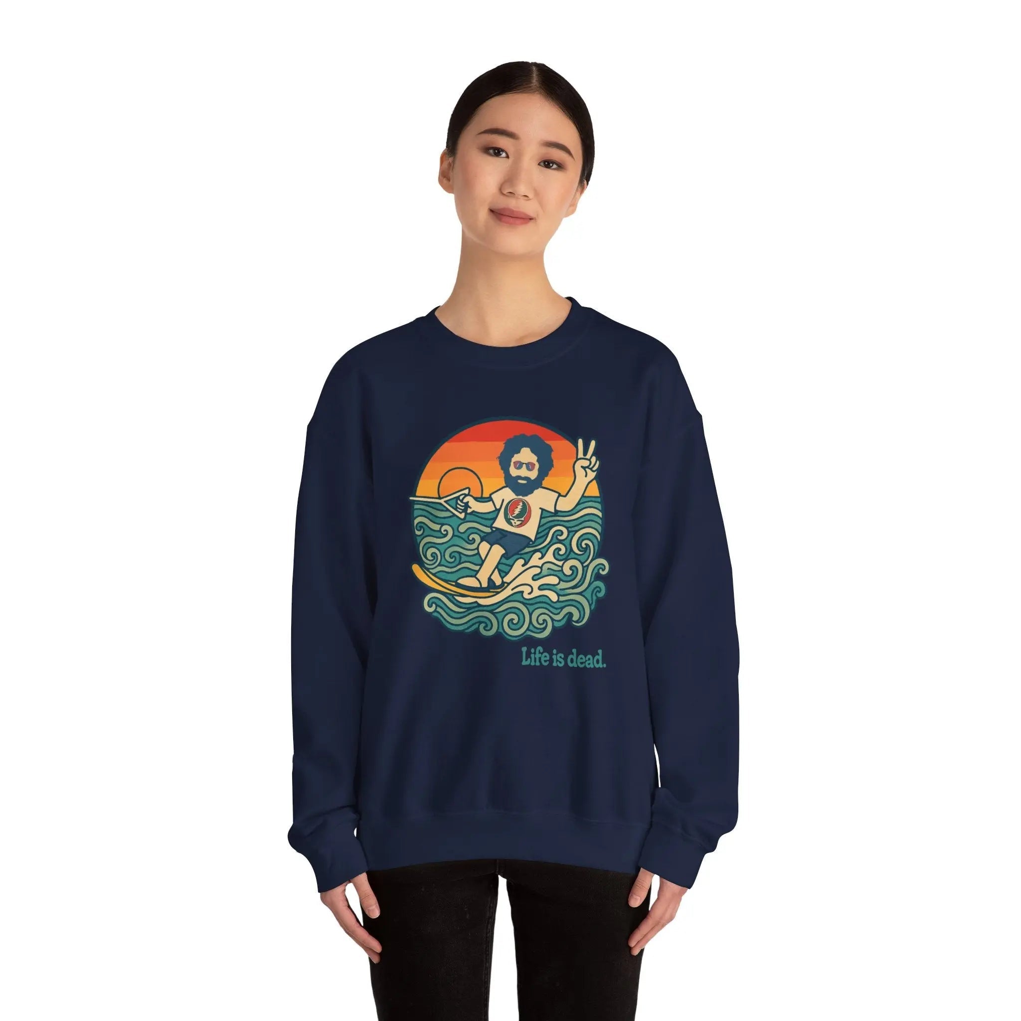 Navy crewneck sweatshirt with waterski graphic and 'Life is dead' front print