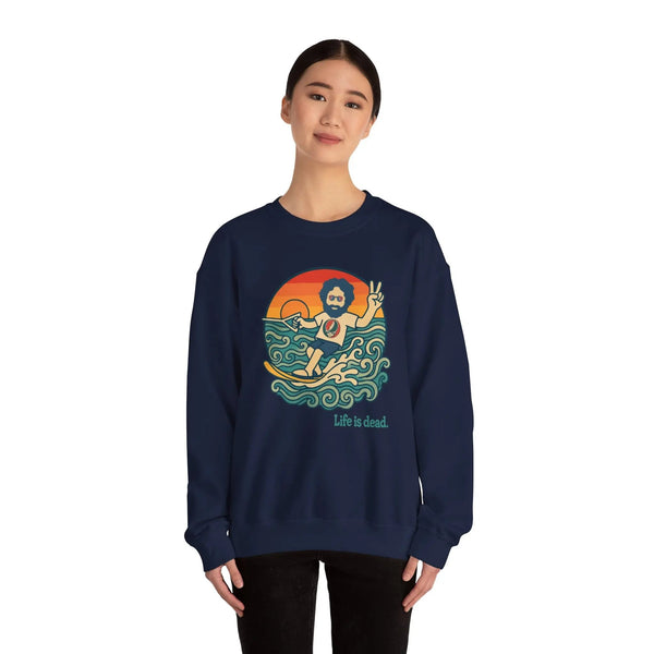 Navy crewneck sweatshirt with waterski graphic and 'Life is dead' front print