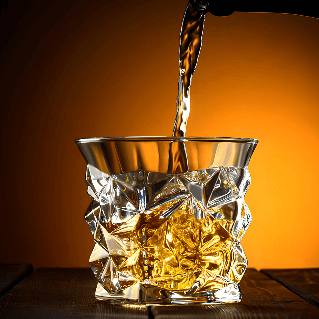 Crystal whisky tumbler with geometric facets as amber drink pours in