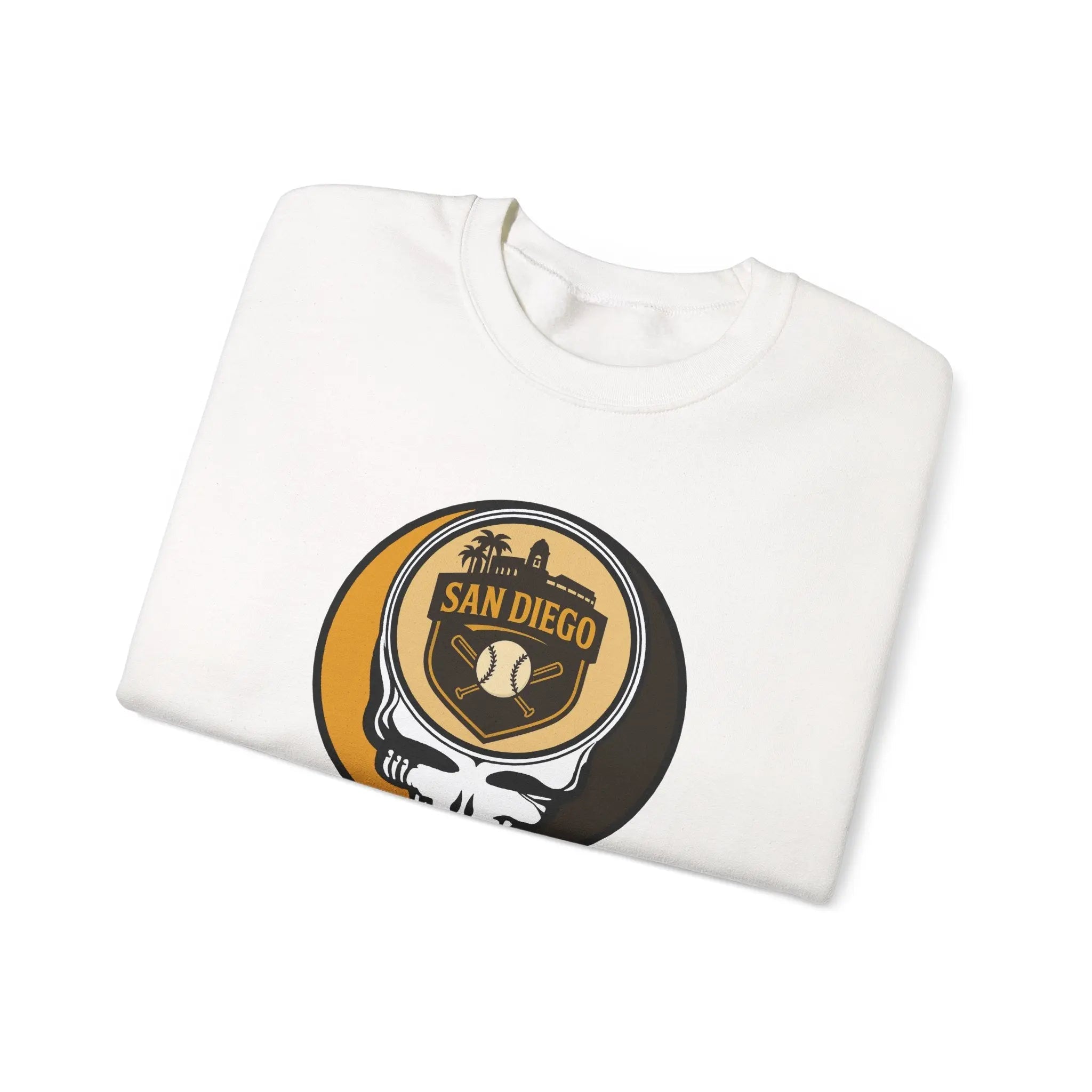 White crewneck sweatshirt with San Diego skull graphic on the front