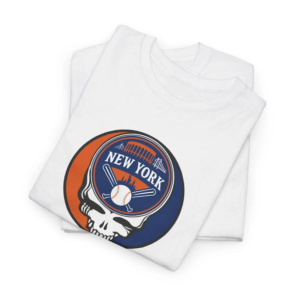 White T-shirt with circular New York Stealie logo graphic at the chest