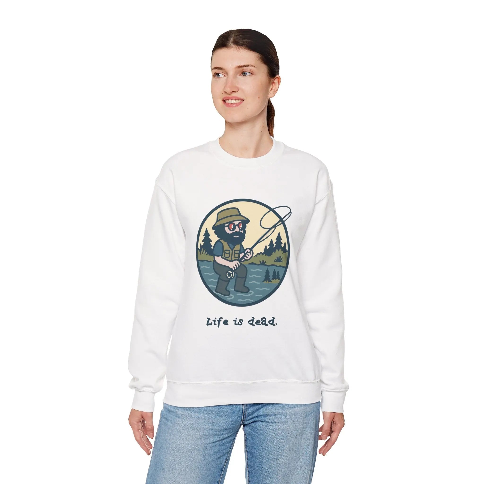 White crewneck sweatshirt with fishing character graphic and 'Life is dead.'
