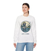 White crewneck sweatshirt with fishing character graphic and 'Life is dead.'