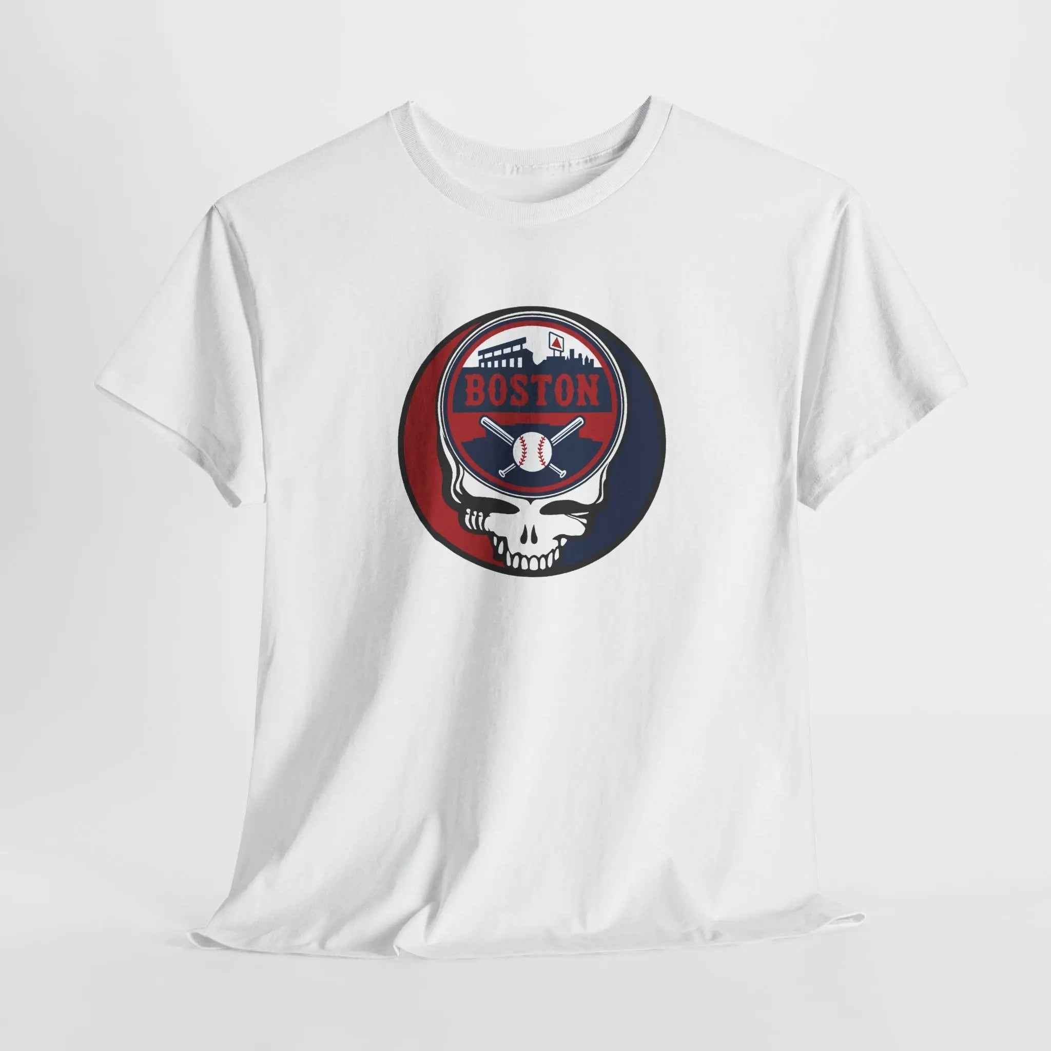 White crewneck T-shirt with circular Boston logo and skull graphic