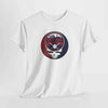 White crewneck T-shirt with circular Boston logo and skull graphic