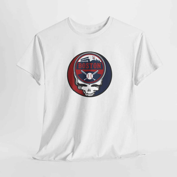White crewneck T-shirt with circular Boston logo and skull graphic