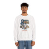 White crewneck sweatshirt on model with camping scene graphic on the chest.