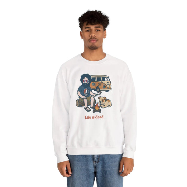 White crewneck sweatshirt on model with camping scene graphic on the chest.
