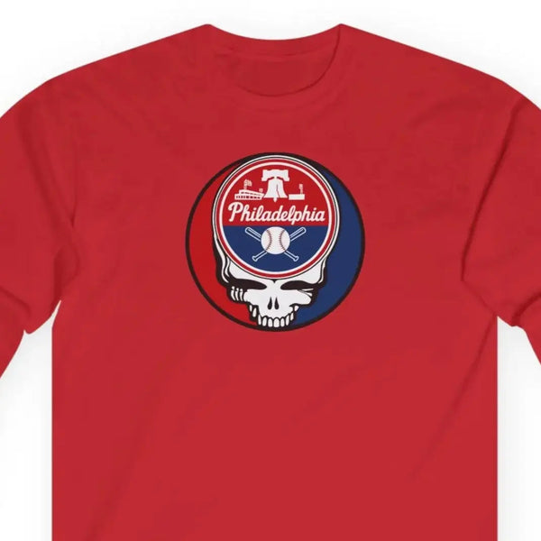 Red long sleeve t-shirt with Philadelphia Stealie logo on the chest