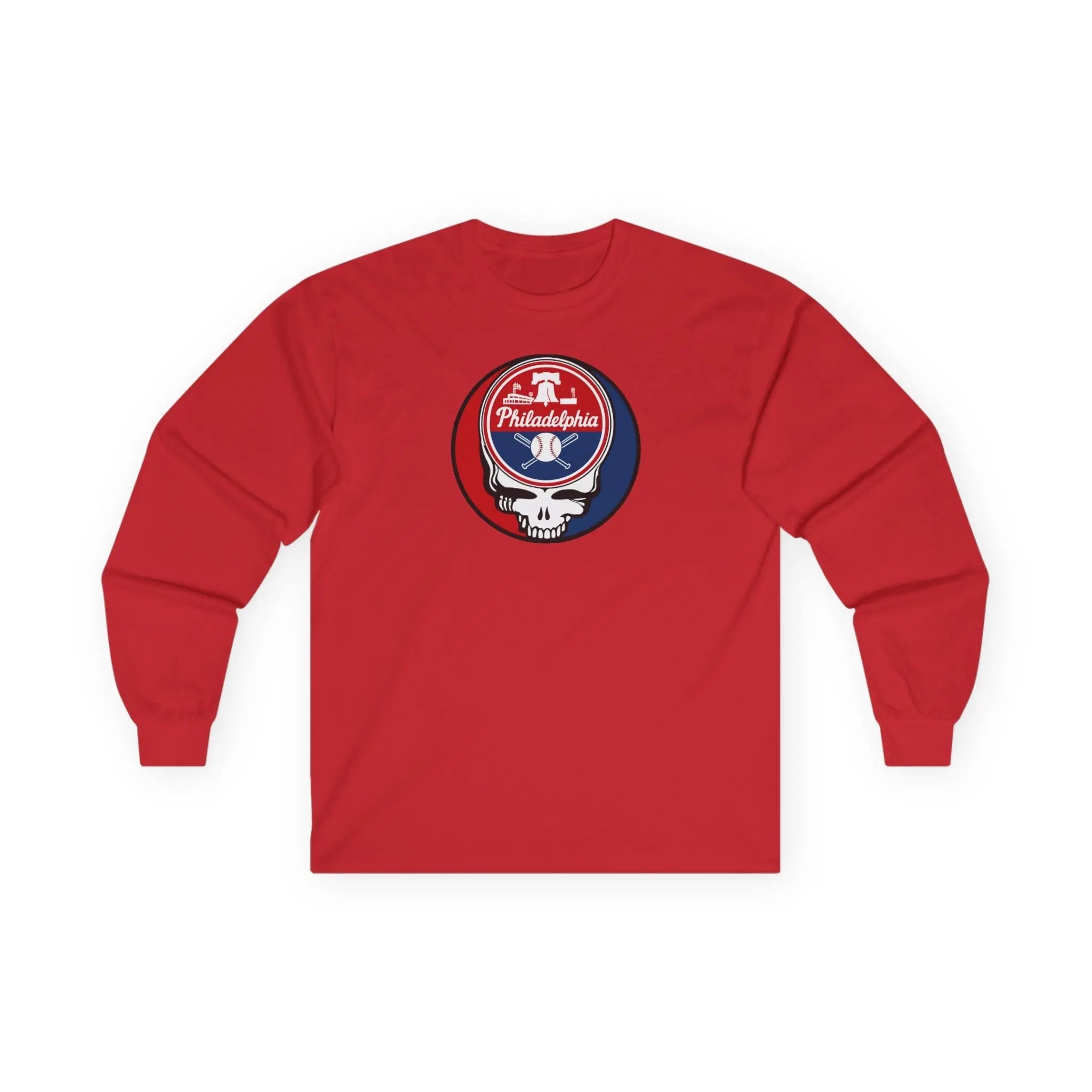 Red long sleeve t-shirt with Philadelphia Stealie logo on front chest