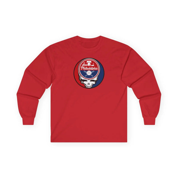 Red long sleeve t-shirt with Philadelphia Stealie logo on front chest
